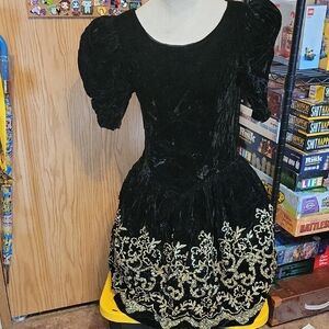 Jessica McClintock Black Velvet Dress with Gold Embroidery